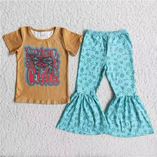 promotion RTS C9-22 yellow Cow print short sleeve blue bell bottom girl outfits 0708