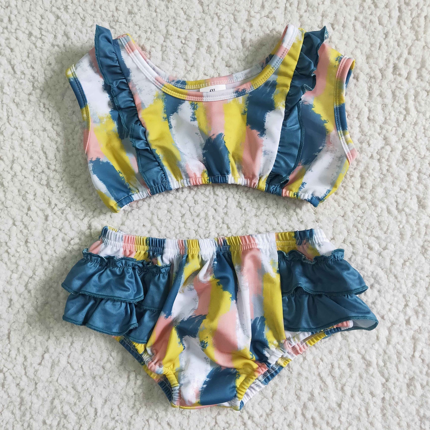 colorful green ruffles pink yellow blue ruffles white girls swimwear outfits 0414