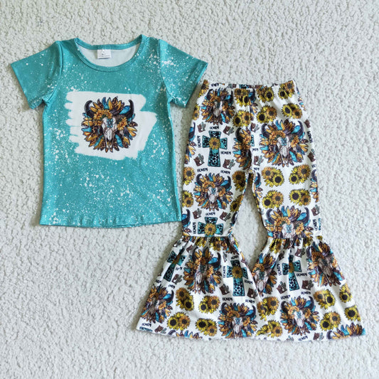 GSPO0073 RTS blue top sunflower gem cow print bell bottom pant short sleeve girl outfit 20230105