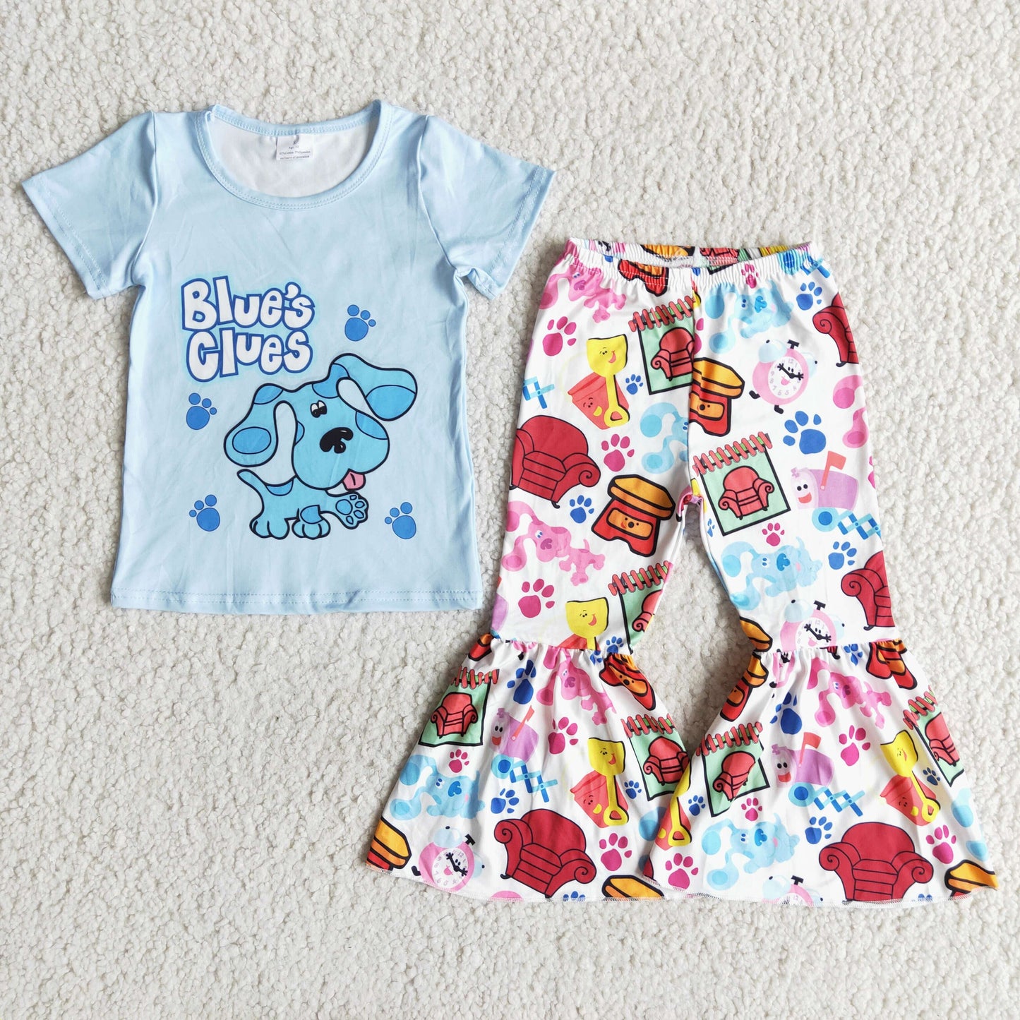 promotion cartoon blue clue dogs blue short sleeve bell bottom pant girl outfit 0414