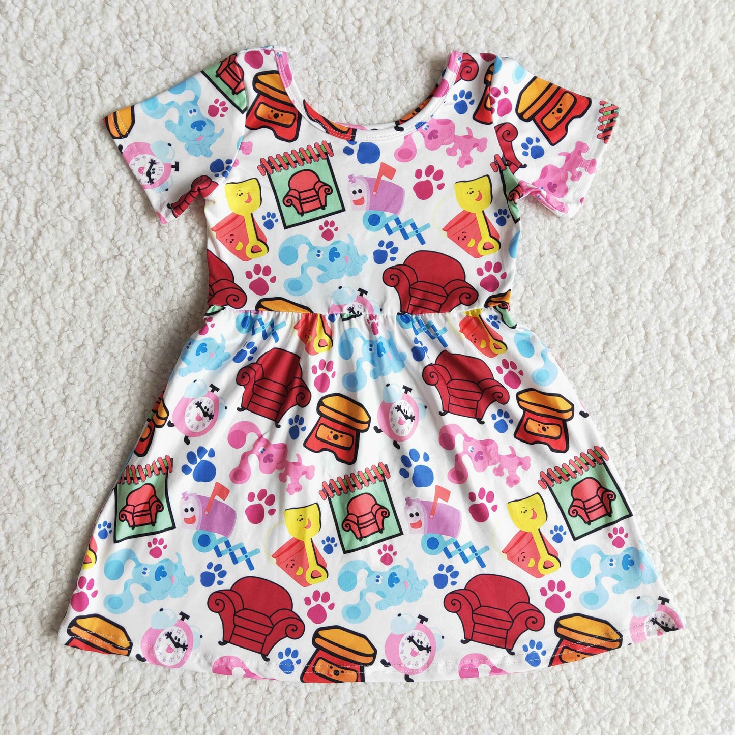 promotion RTS E7-5 cartoon blue clue dogs sofa clock short sleeve dress 0414