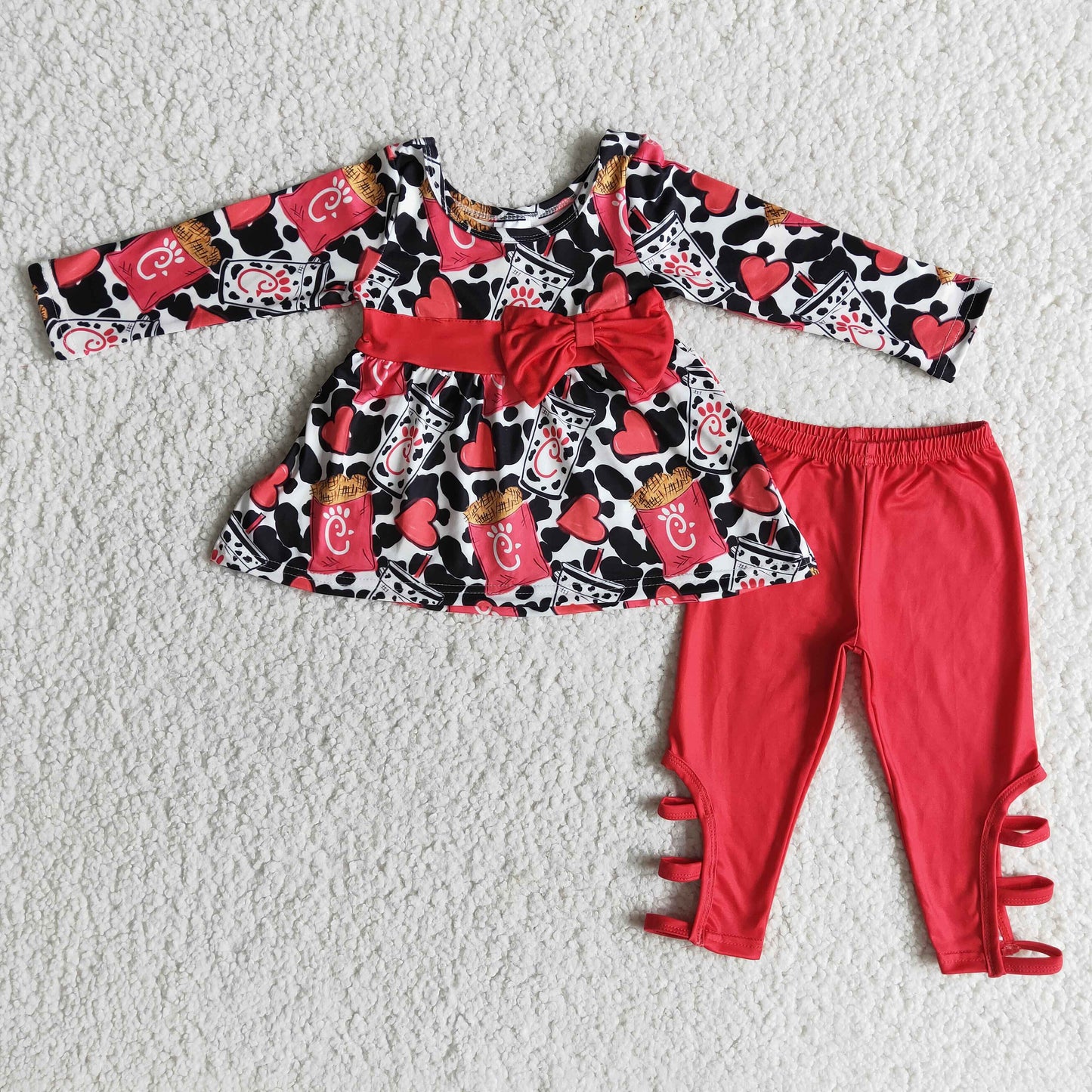 Promotion valentine food girl love red tunic cow print bow long sleeve legging pant outfit