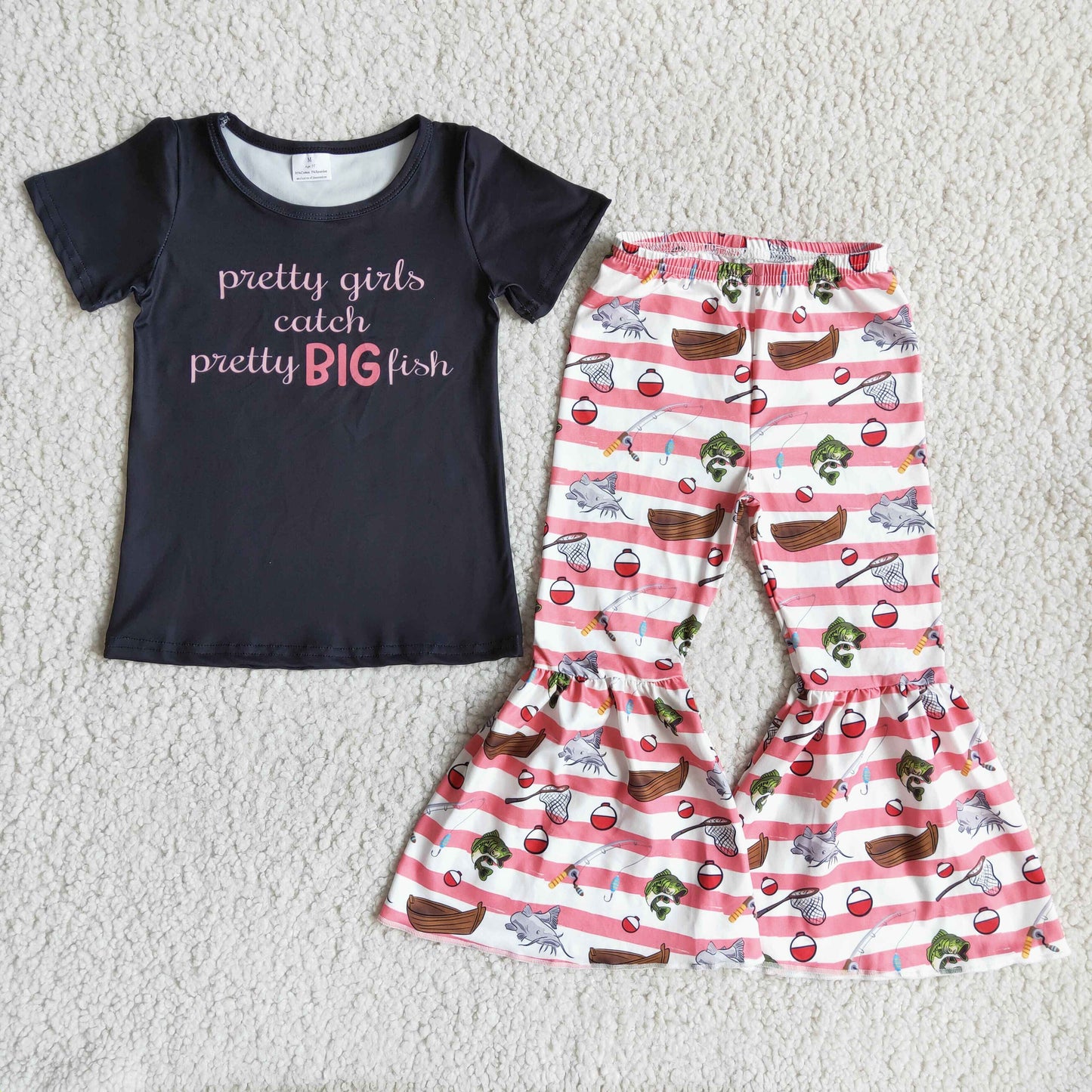 promotion RTS D11-5 pretty girl catch big fish stripe sailboat short sleeve bell bottom pant outfit