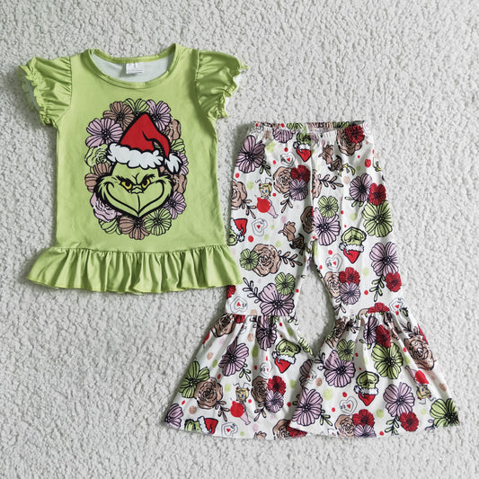 promotion RTS GSPO0179 0815 halloween green grin Christmas flower short sleeve pants baby girl outfit