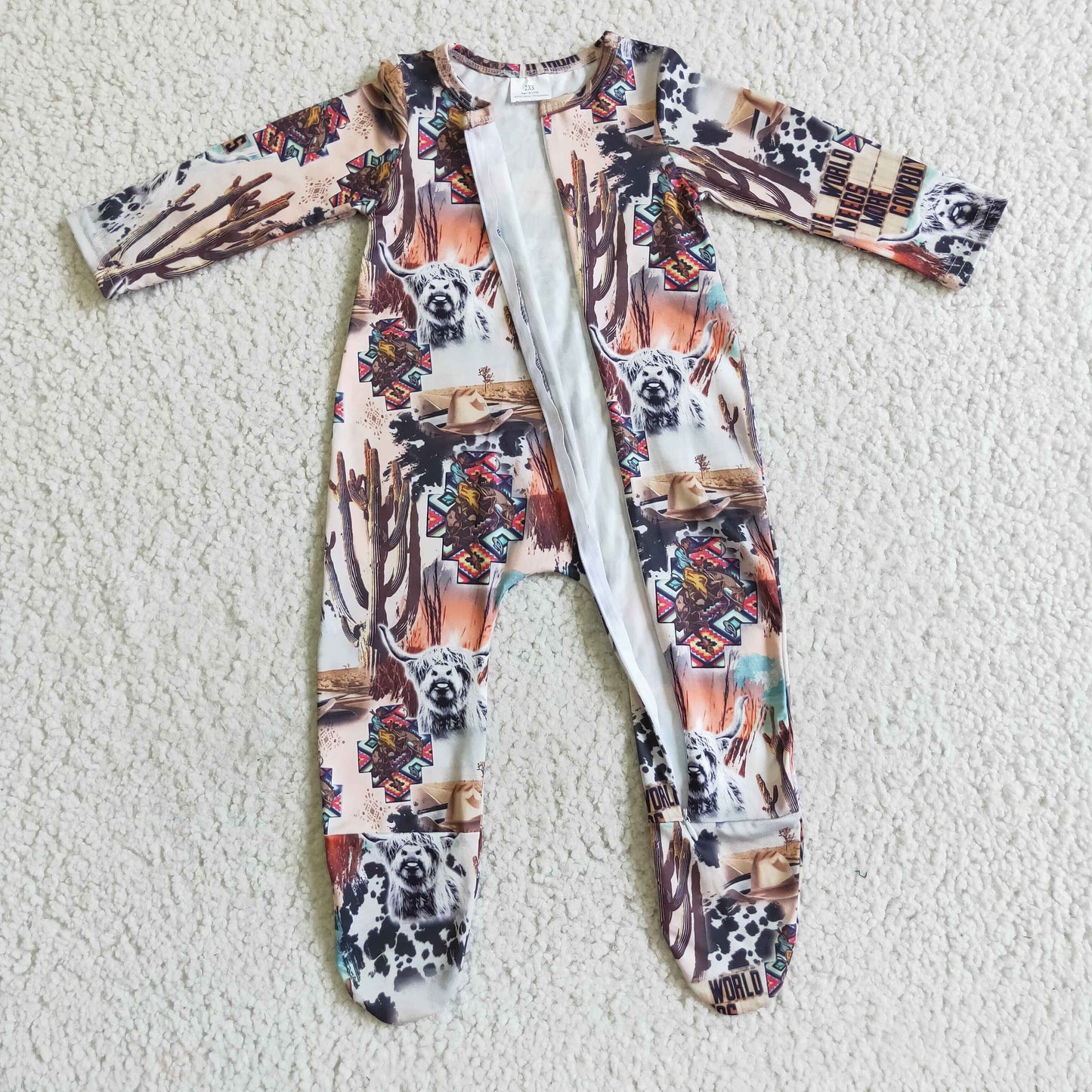 PROMOTION PRICE LR0069 cow western cactus long sleeve zipper baby boy girl romper LR0069