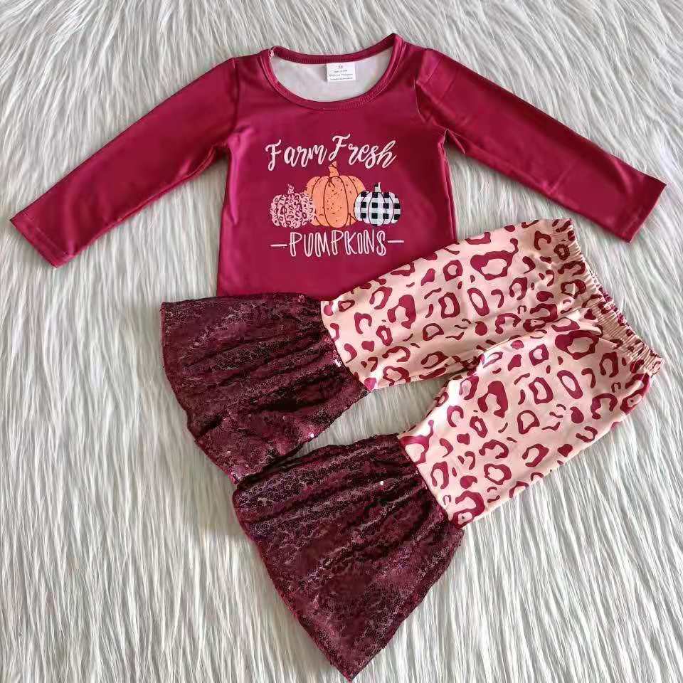 promotion RTS 6 A25-14 red sequins pumpkin leopard long sleeve bell bottom pant outfit