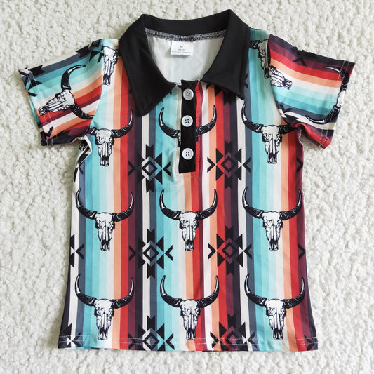 BT0022 RTS colorful blue cow print boy short sleeve shirt top 0628