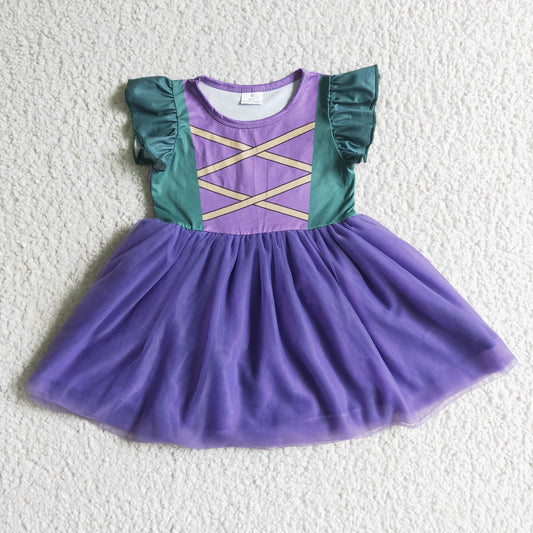 RTS 0810 colorful puffy short sleeve green purple halloween  tulle gauzy princess girl dress