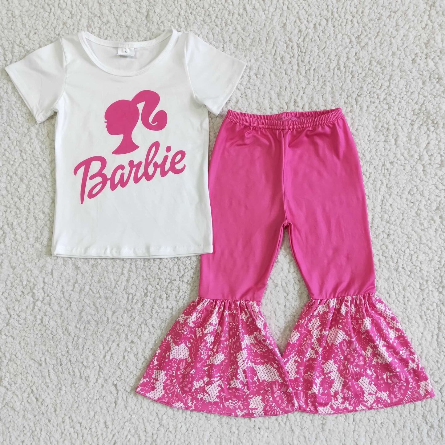 barbie letters pink white short sleeve bell bottom pant girls outfits 0411