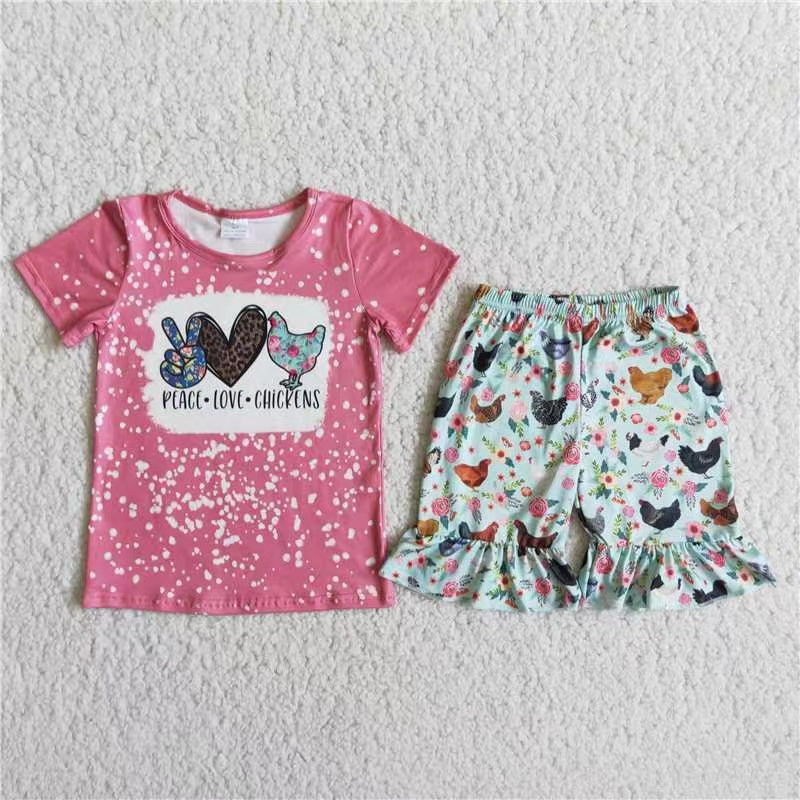 promotion RTS D10-14 Chicken pattern pink ruffles short sleeve shorts outfits 1109 RTS