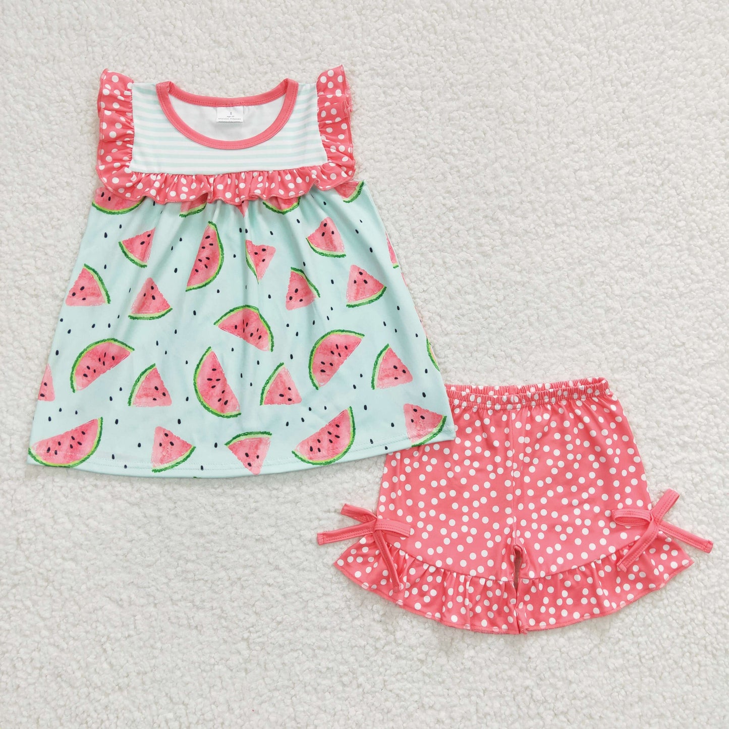 promotion D10-29 Watermelon pink stripe top Polka Dots ruffles short pants set RTS 202404