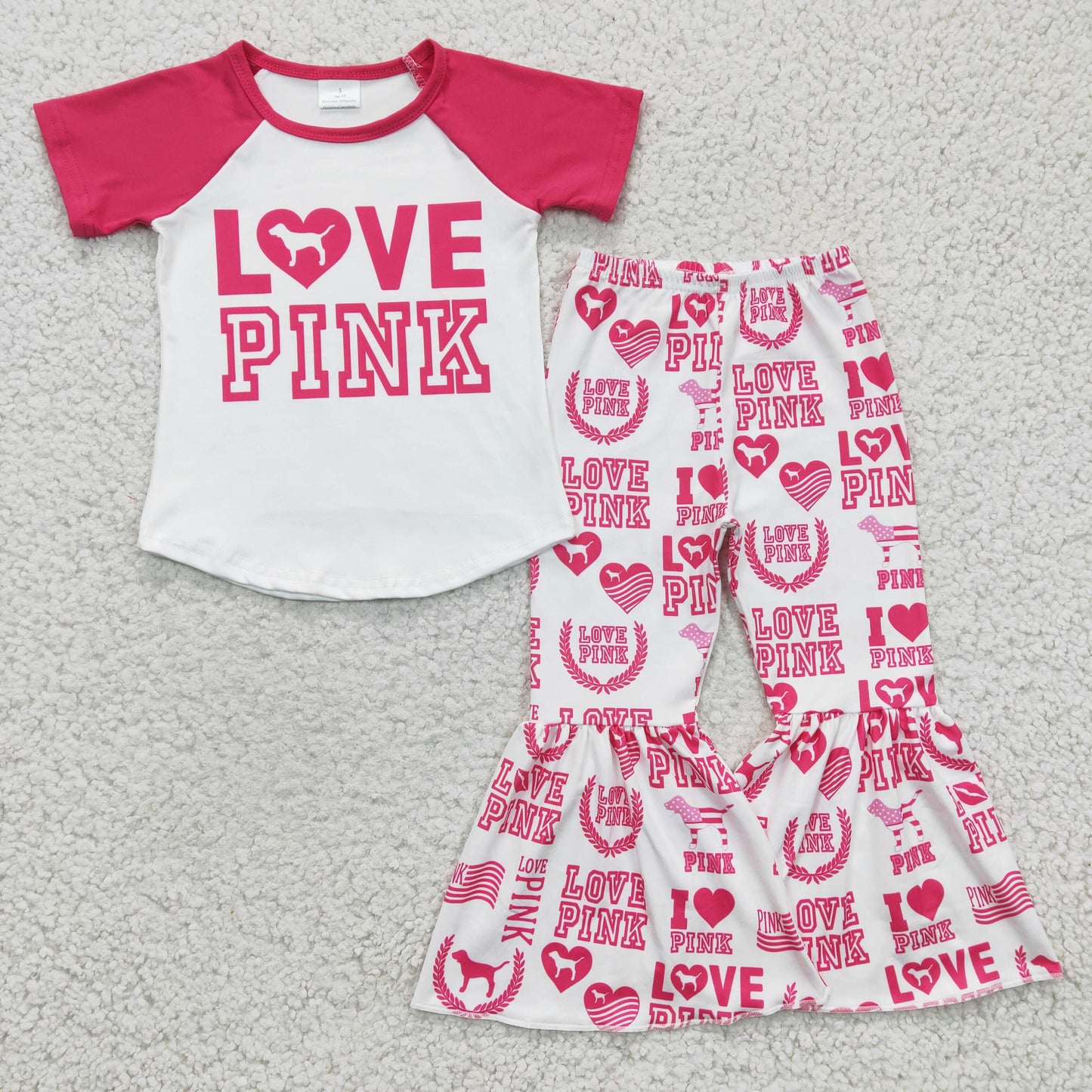 D13-27 letters love pink raglan dog short sleeve bell bottom pant girl outfit RTS 202407