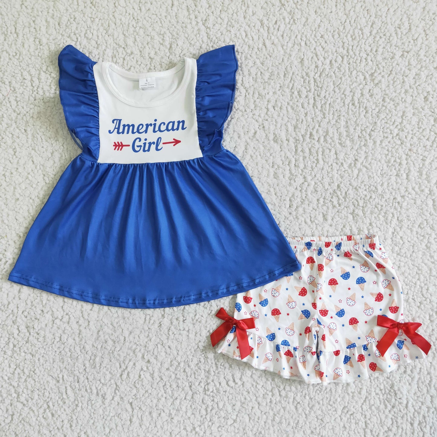 promotion GSSO0042 American Girl ruffles blue white ice short sleeve shorts girl outfits 0411