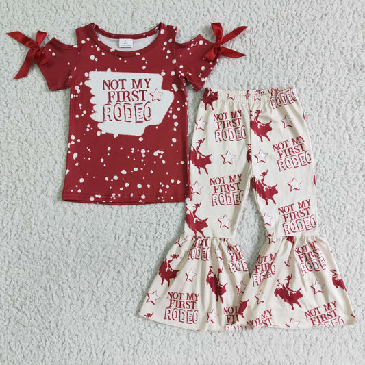 RTS not my first rodeo letters stars red bow short sleeve bell bottom girl outfits 0614