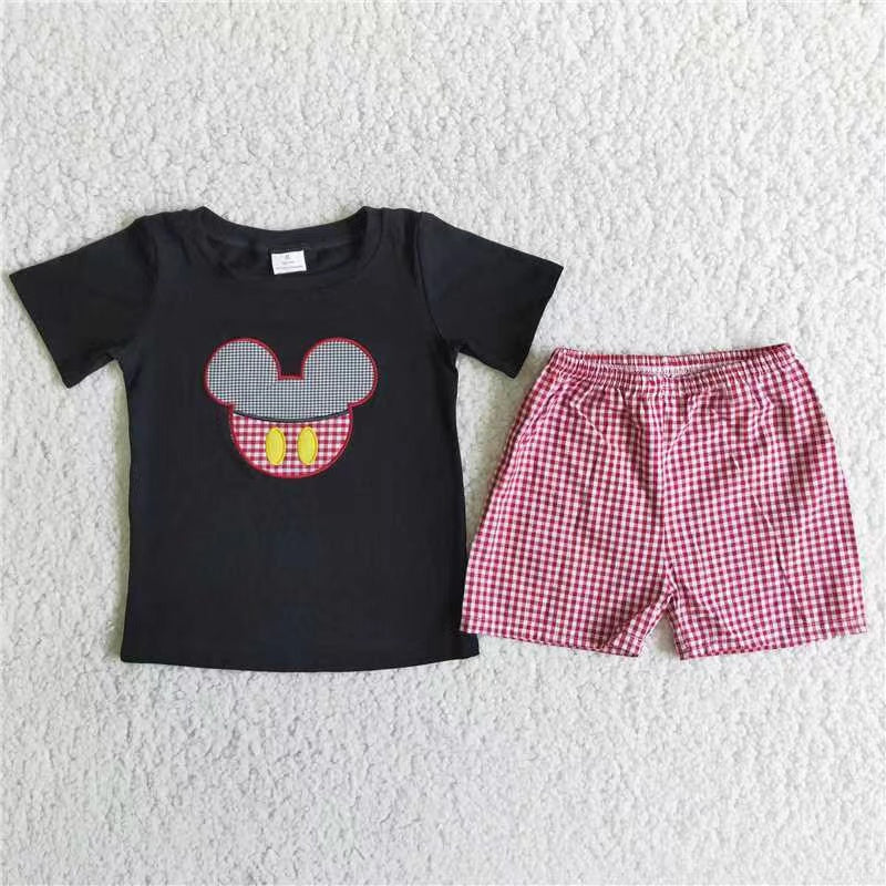 promotion D5-15 cartoon mouse embroidery red plaid boy short sleeve shorts outfits RTS