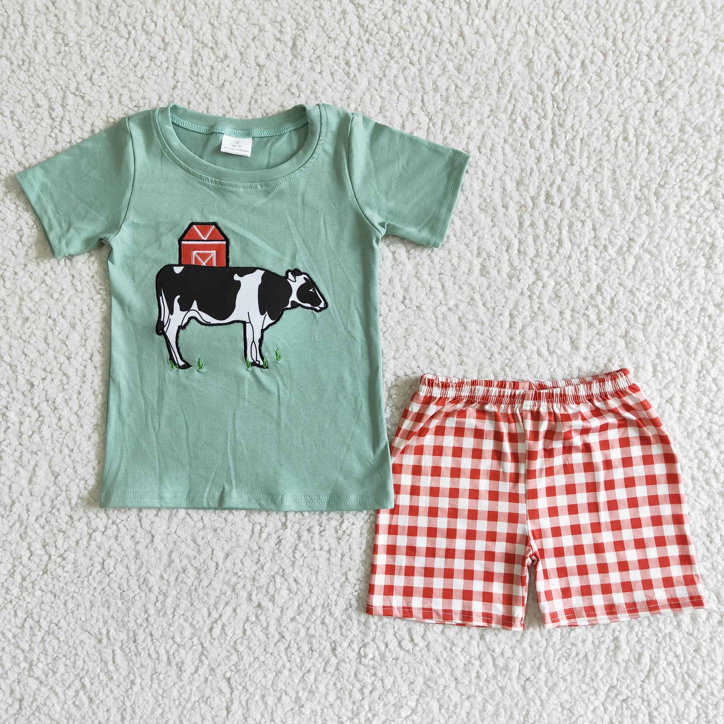 cow embroidery green boy short sleeve red plaid shorts boy outfit 0408