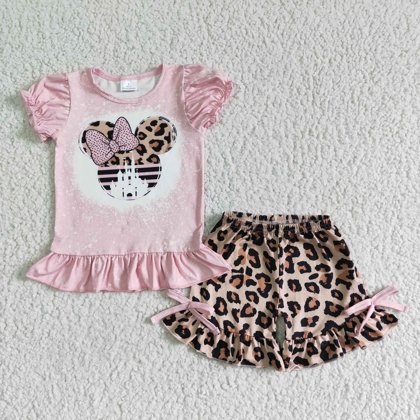 GSSO0062 pink mouse bow top leopard ribbon ruffle girl short sleeve brown shorts set 0503