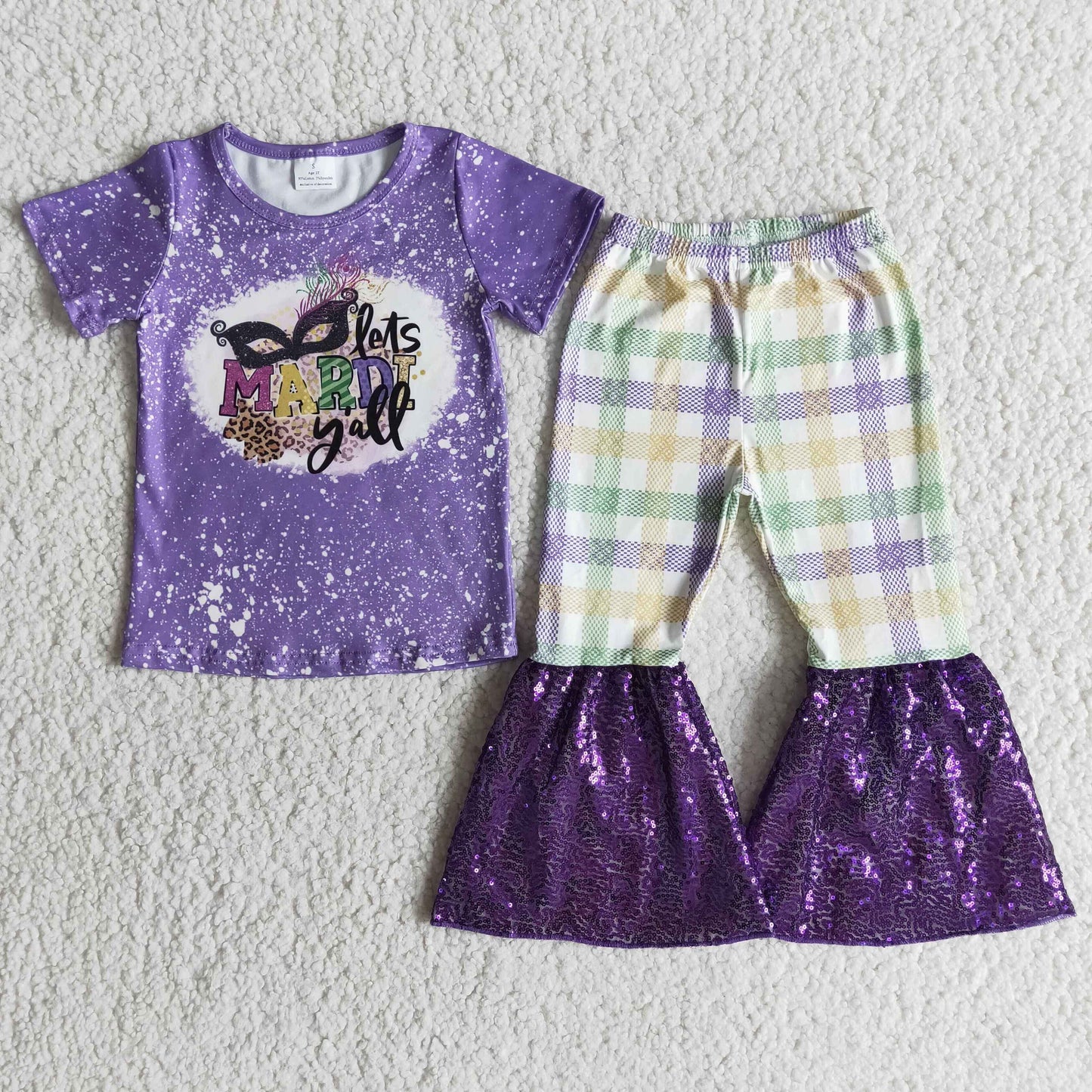 E5-17 Mardi Gras Carnival purple dot sequins plaid short sleeve bell bottom pant girl outfit RTS 1221