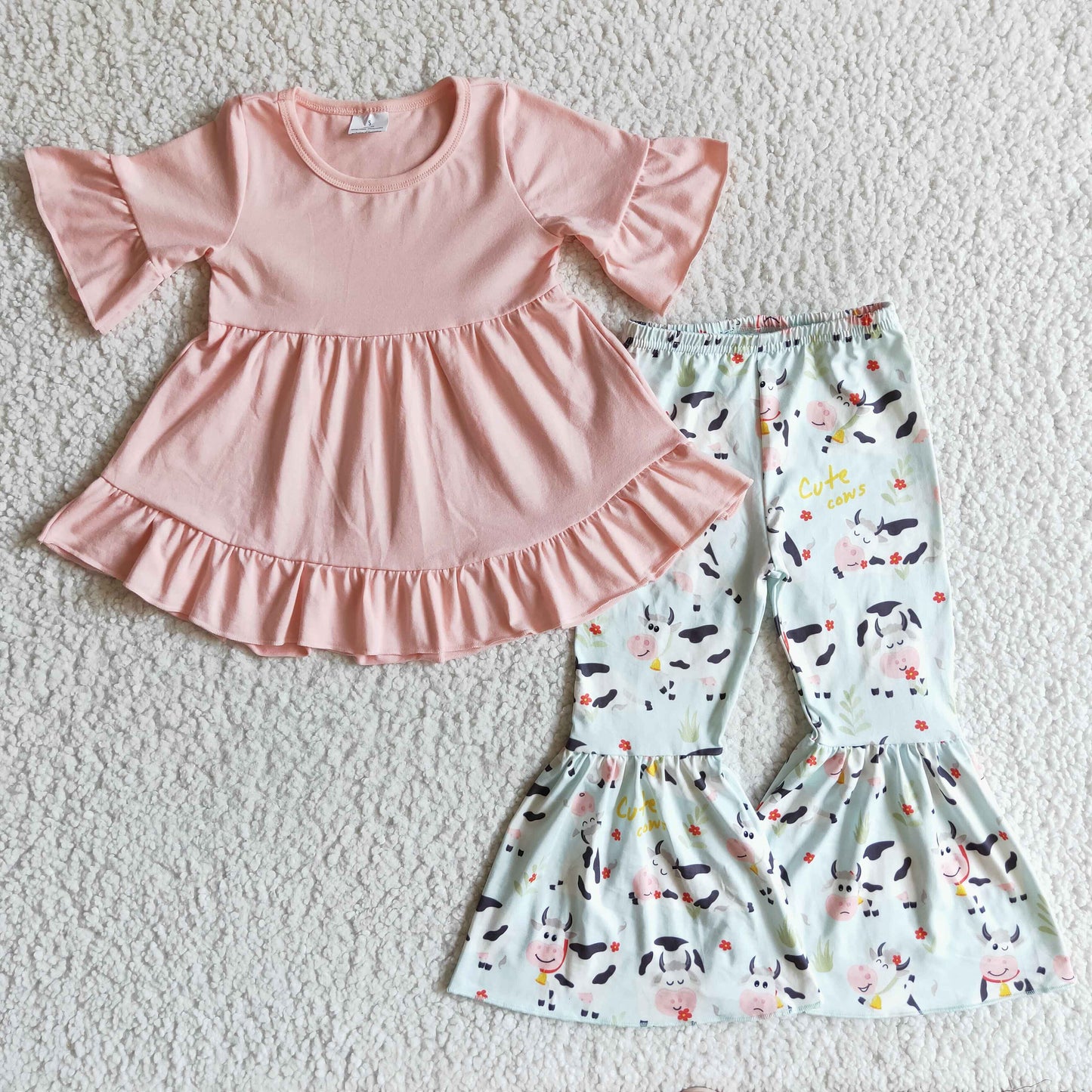 pink short sleeve cow green grass flower bell bottom cow pants girl outfit 0829 RTS