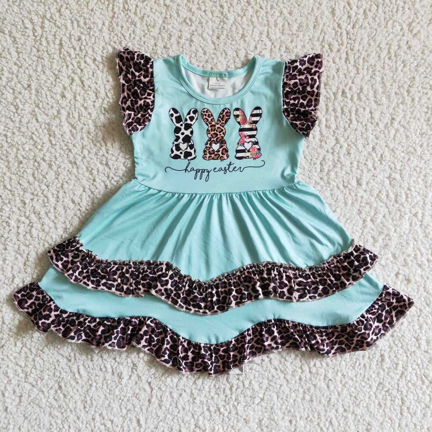 EC0006 easter rabbits leopard print green flutter short sleeve girl dress 20230323 RTS