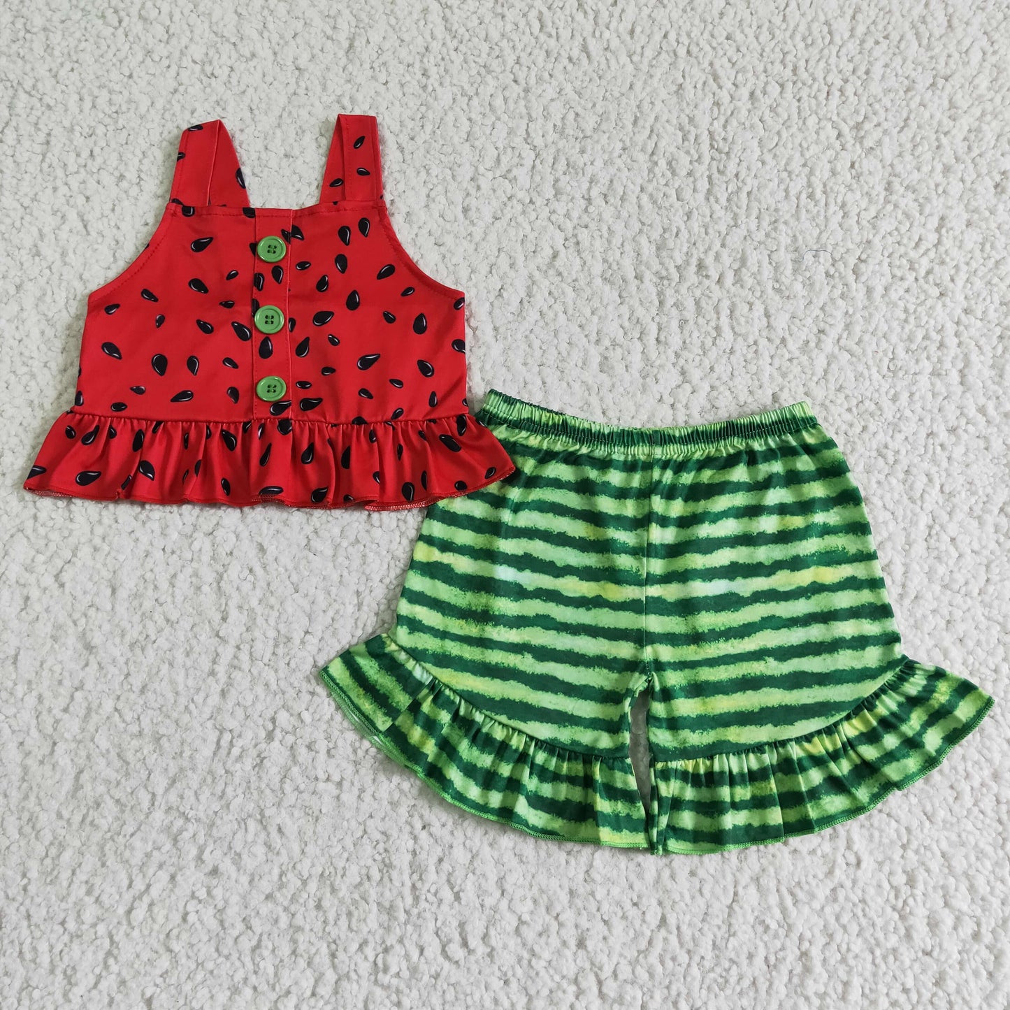 promotion shoulder strap watermelon red green stripe girl short sleeve shorts outfit