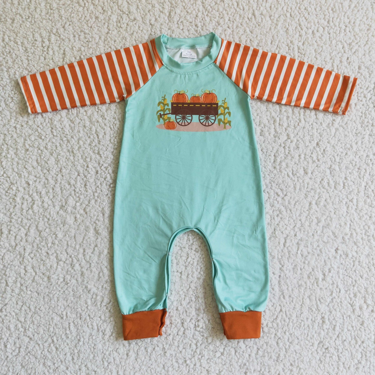 Promotion RTS LR0046 pumpkin green orange stripes boys long sleeve romper 0912