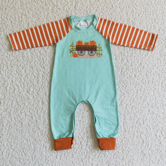 Promotion RTS LR0046  pumpkin green orange stripes boys long sleeve romper 0912