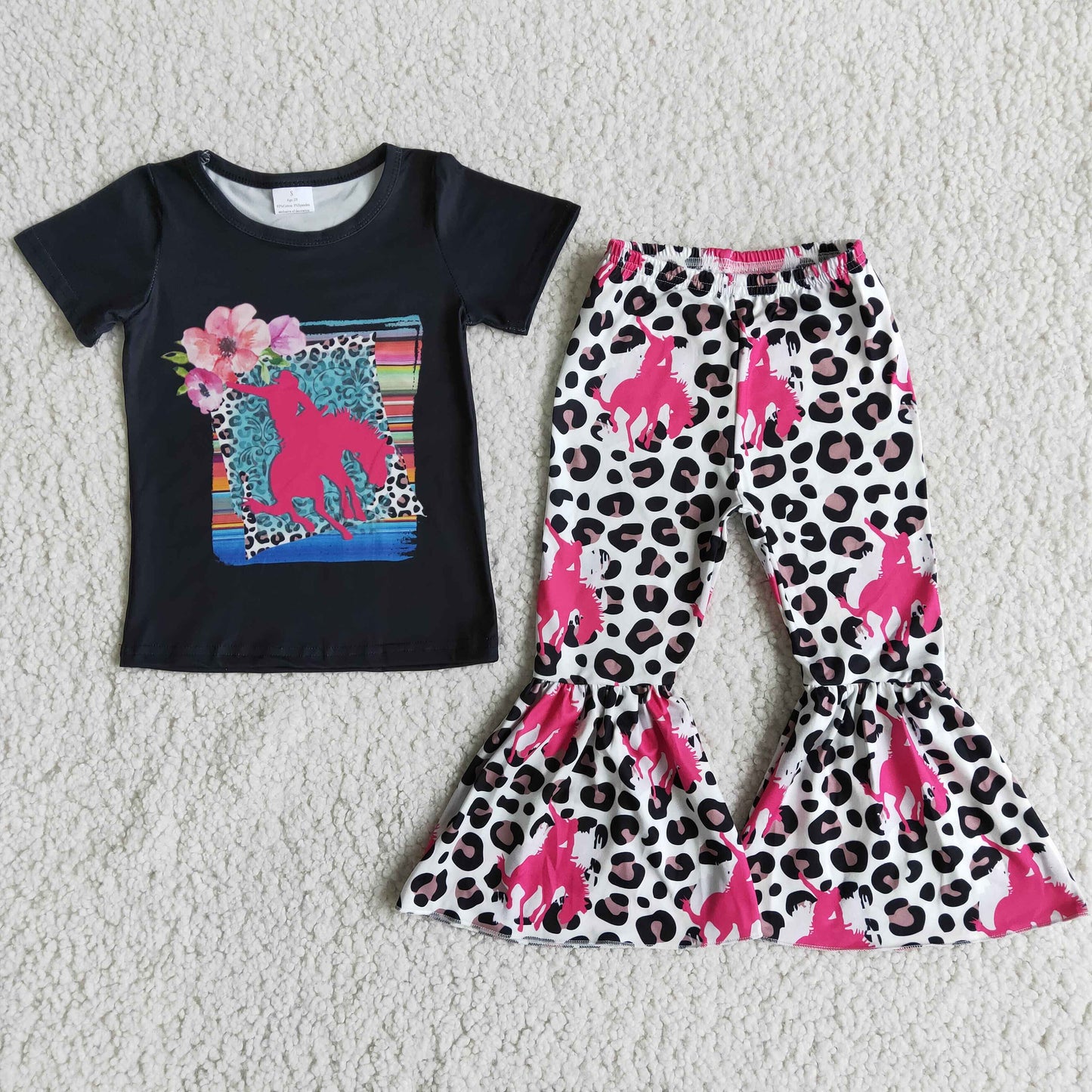 horse ride cowgirl red black leopard print short sleeve bell bottom girl outfit 0124