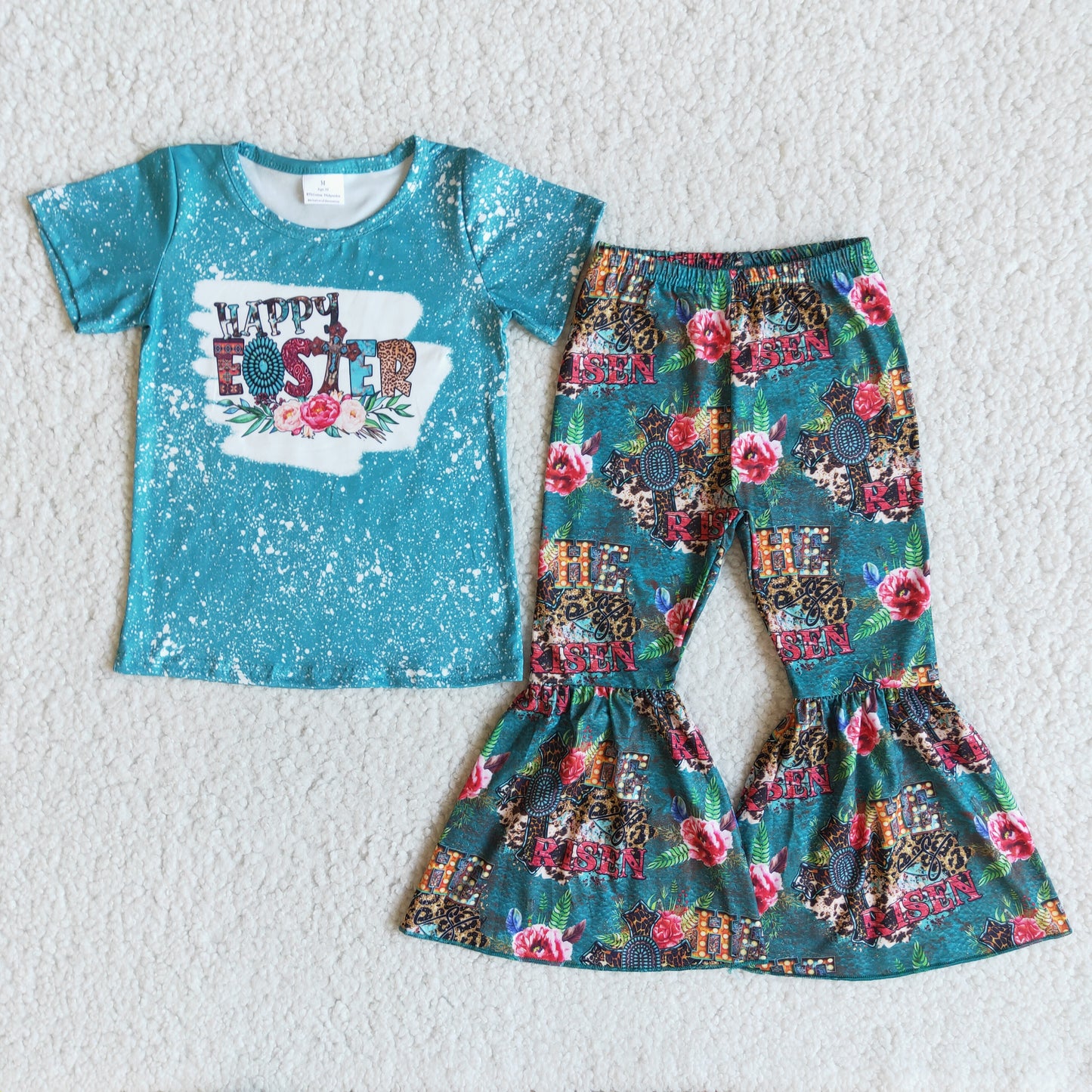 flower happy easter letters cross leopard print blue girl short sleeve bell bottom outfit 0119 Jan