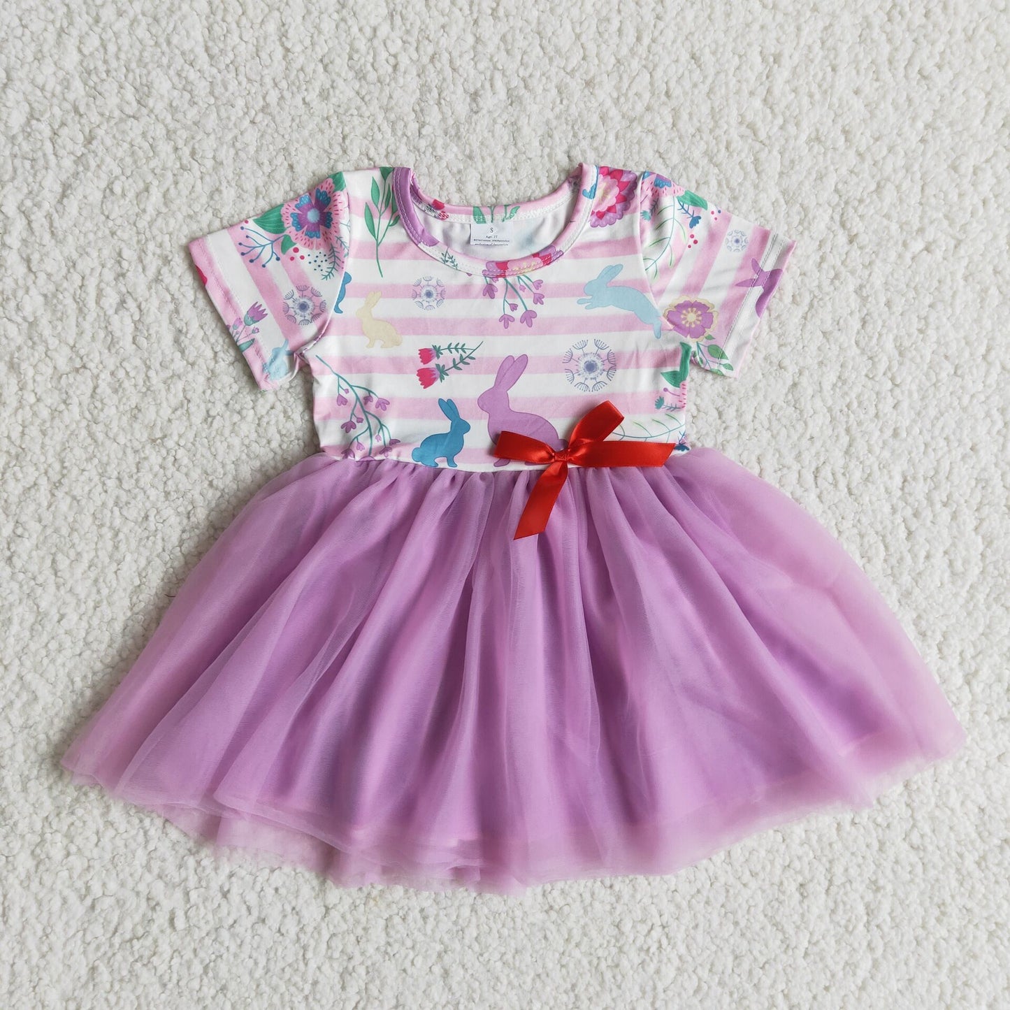 E9-26 rabbit flowers purple bow tulle short sleeve girl gauze dress 20230304 RTS