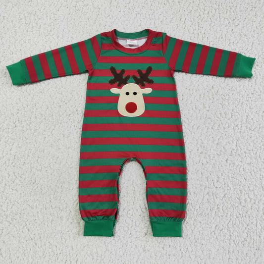 0630 long sleeve green top elk deer print red stripe ruffle pants girl romper Christmas