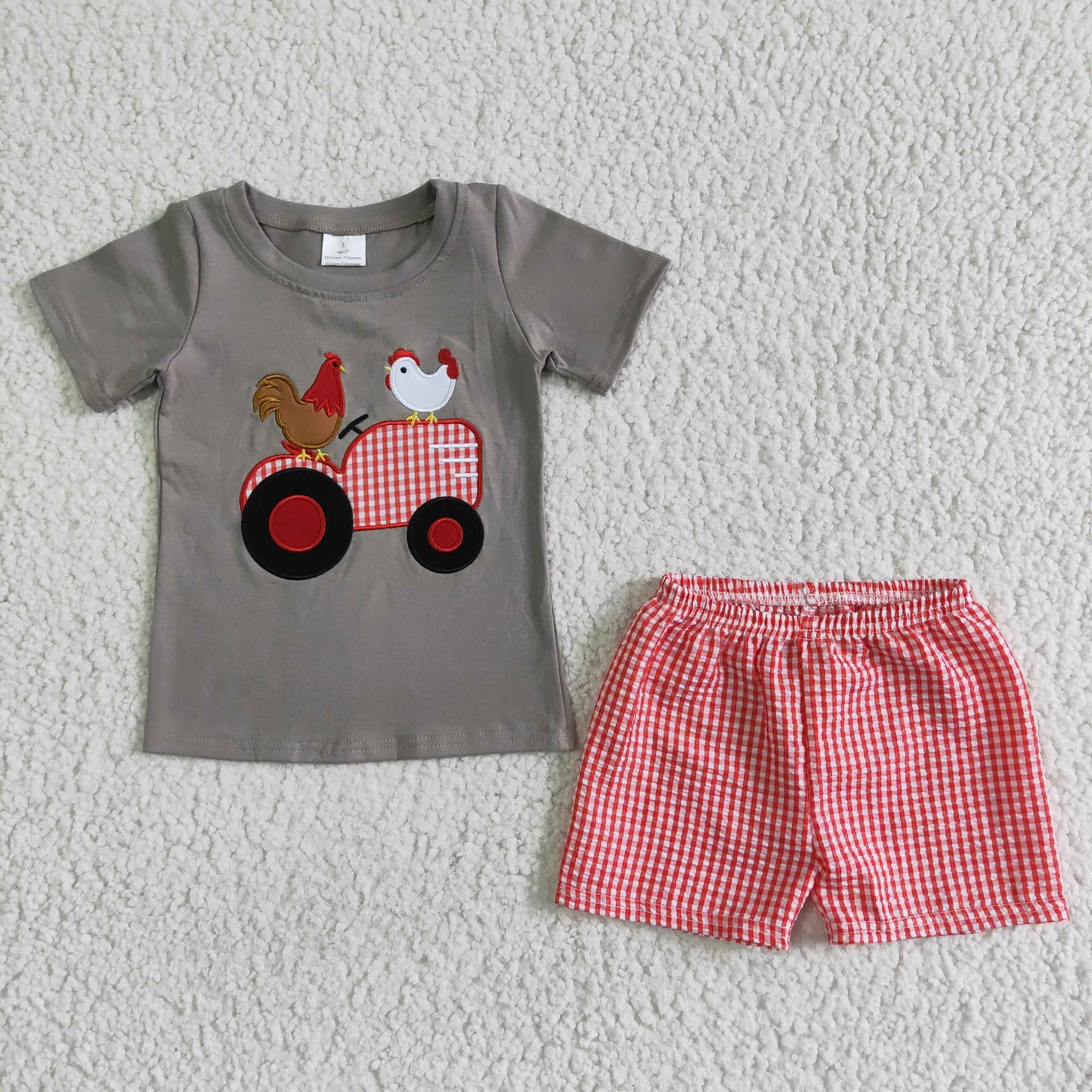 promotion RTS boy truck tractor chicken embroidery grey top pink plaid boy shorts outfits