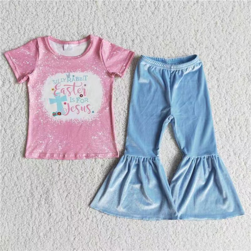 E12-11 RTS pink rabbit easter cross letters velvet short sleeve blue bell bottom outfits Jan 20230404