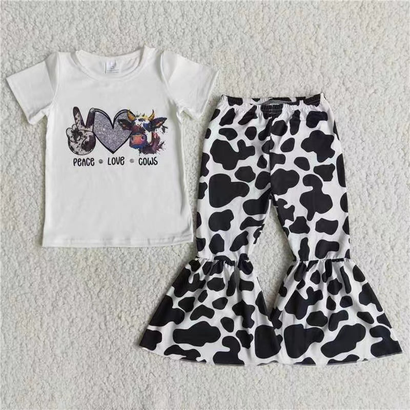 Promotion E12-26 Peace love cow farm short sleeve bell bottom pant outfit 20230105 RTS