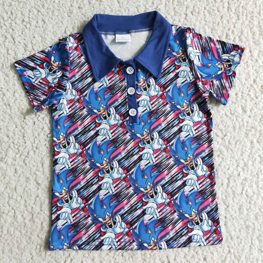 BT0027 RTS 0718 purple blue sleeve cartoon sonic print fluore boy shirt clothes