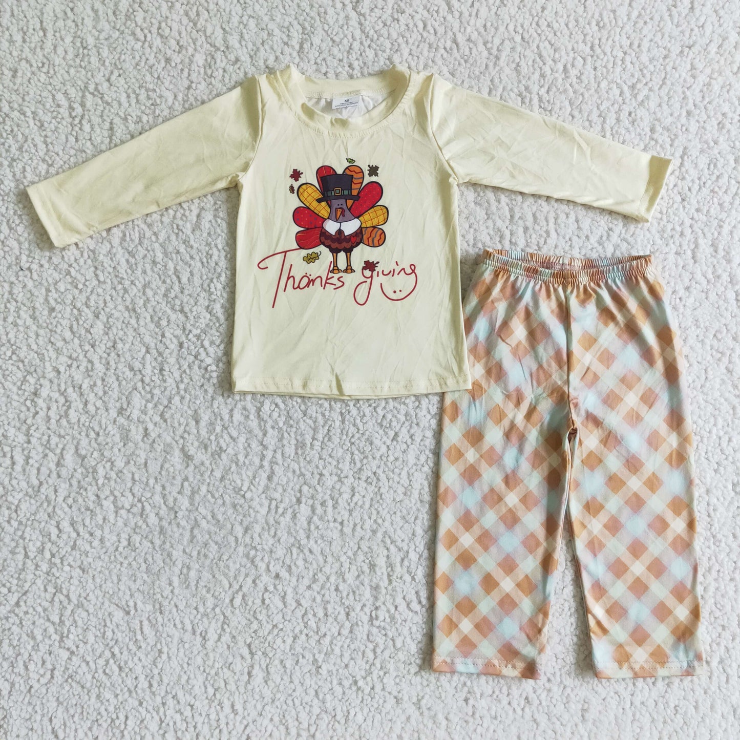 Promotion 202410 BLP0068 RTS 0824turkey long sleeve yellow plaid pants Thanks giving boy outfit