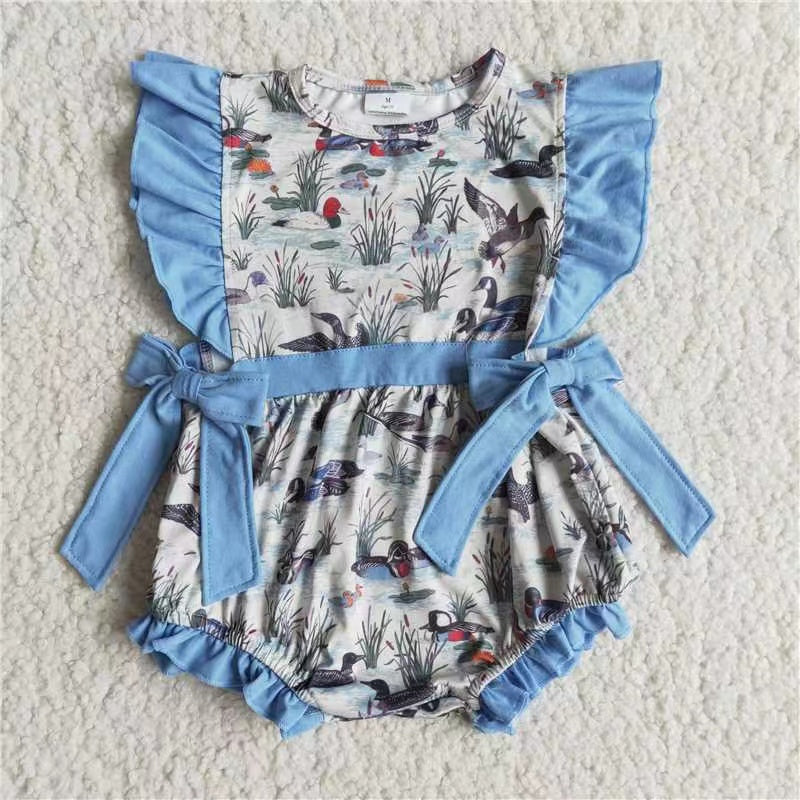 E7-12 RTS wild duck bird hunting blue ruffles short sleeve girl romper 202412