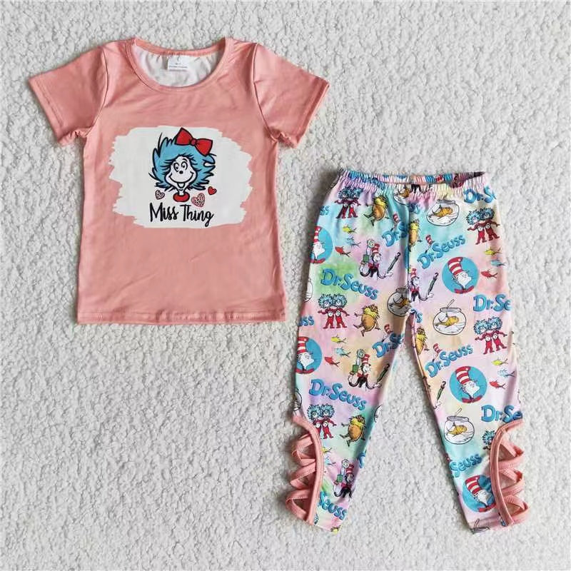 PROMOTION E7-16 miss thing letters reading cartoon pink short sleeve legging girl outfit 20230111