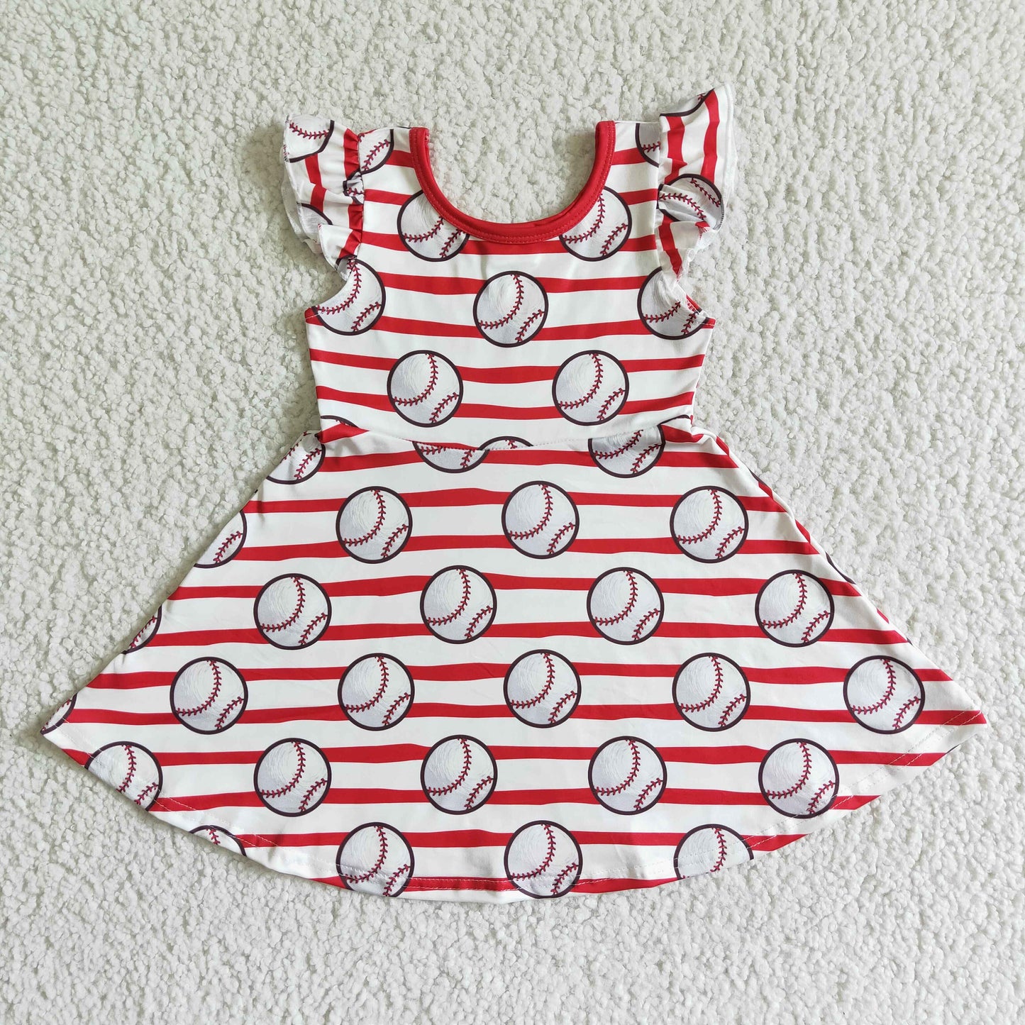 GSD0083 RTS baseball print pink stripe puffy sleeve summer girl dress 0506