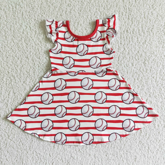 GSD0083 RTS baseball print pink stripe puffy sleeve summer girl dress 0506