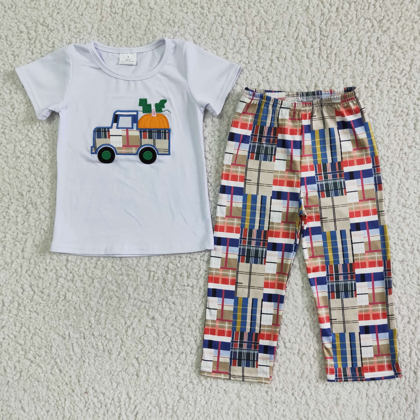 promotion RTS C1-22 pumpkin car white cartoon boy short sleeve pant outfit 0528