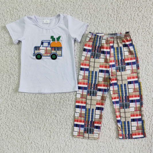 promotion RTS C1-22 pumpkin car white cartoon boy short sleeve pant outfit 0528