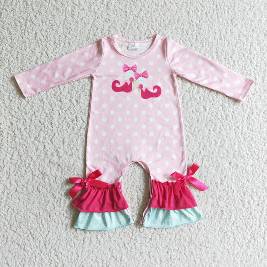 0812 RTS Christmas pink dot long sleeve GIRL romper