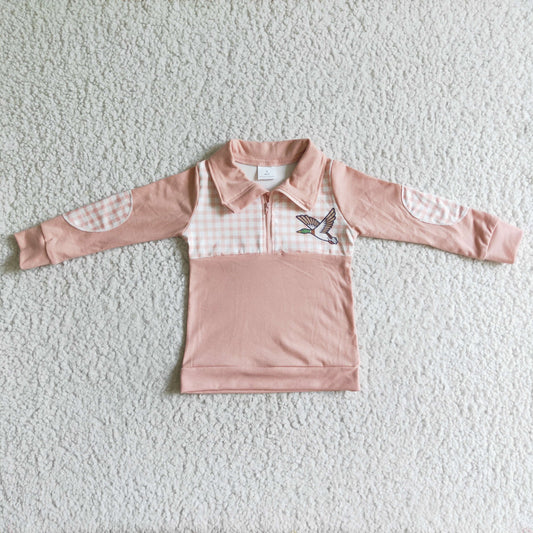 pink shirt bird zipper long sleeve boy pullover plaid top coat 0815 RTS