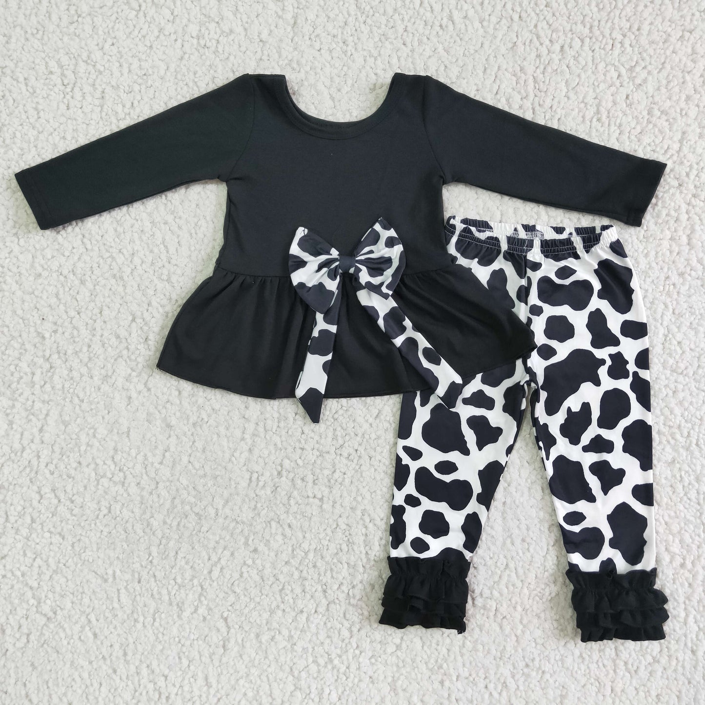 Promotion 6 A16-26 RTS cow black top long sleeves leopard legging bow belt girl outfit 0602