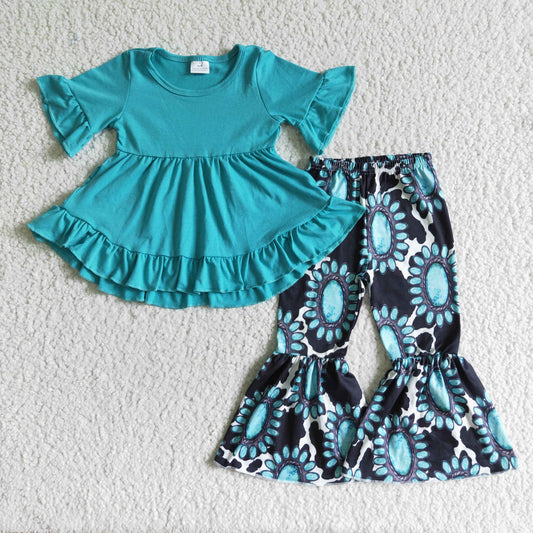 Ruffle RTS blue short sleeve stripe green blue gem bell bottom pants girl outfit 0615