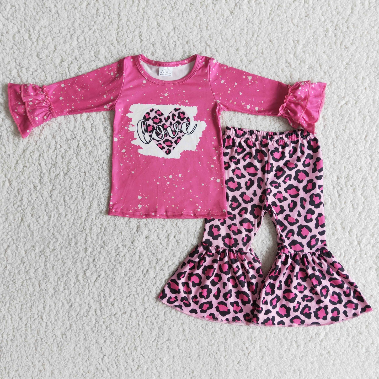 promotionValentine girl love ruffles pink leopard print long sleeve bell bottom outfits 0107