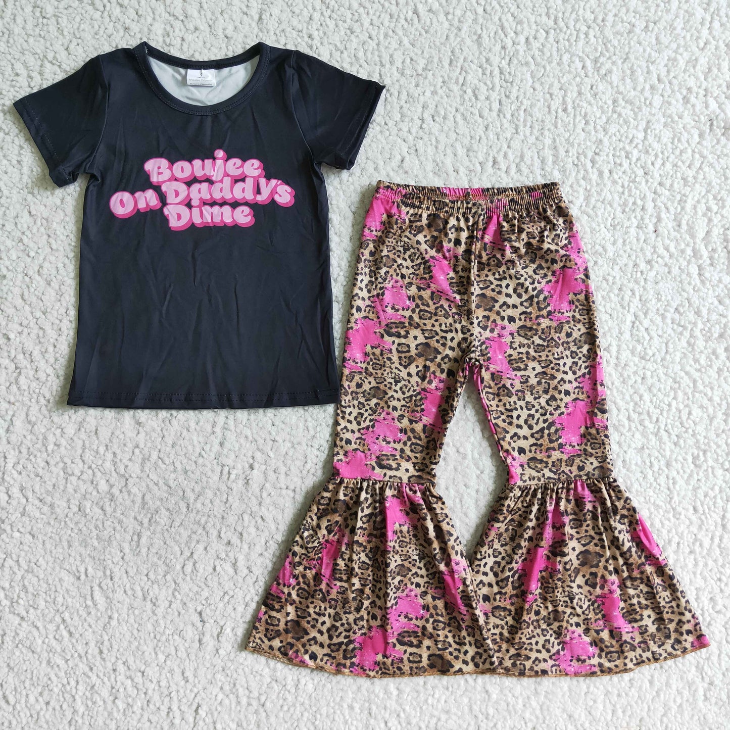 promotion RTS E4-16 daddy time letters pink leopard print short sleeve bell bottom pant girl outfit 0722