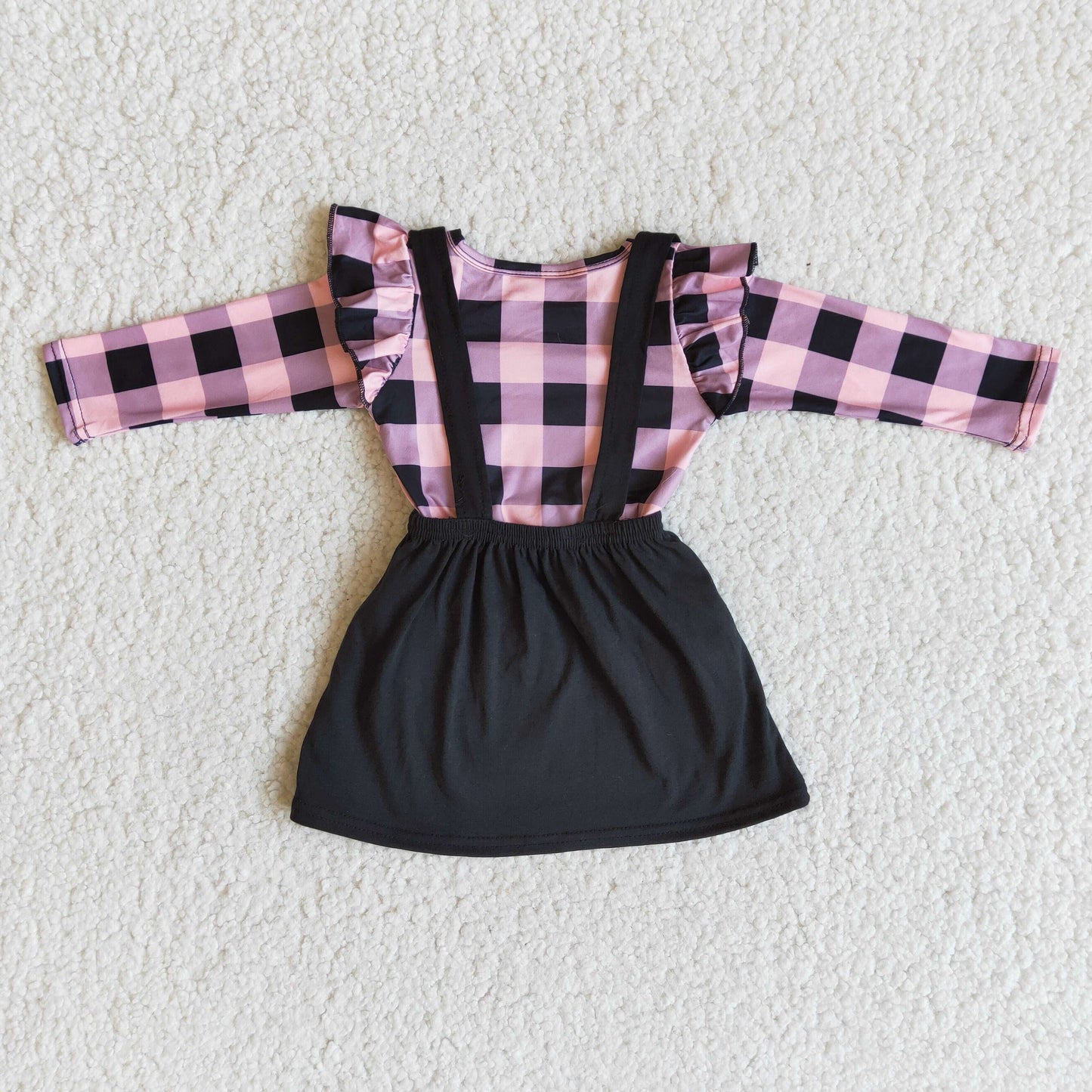 embroidery valentines dress pink black plaid puffy ruffles long sleeve top suspender dress outfit Jan 0102