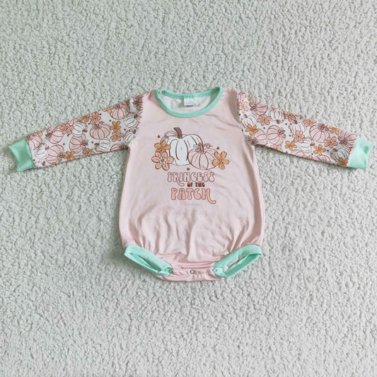 RTS pink flower halloween patch  pumpkin long sleeve baby boy bubble romper 0802 LR0092